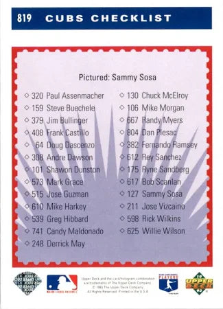 1993 Upper Deck Collectors Choice Cubs Checklist Baseball Card #819