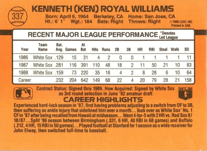 1989 Donruss Kenneth (Ken) Royal Williams Baseball Card #337