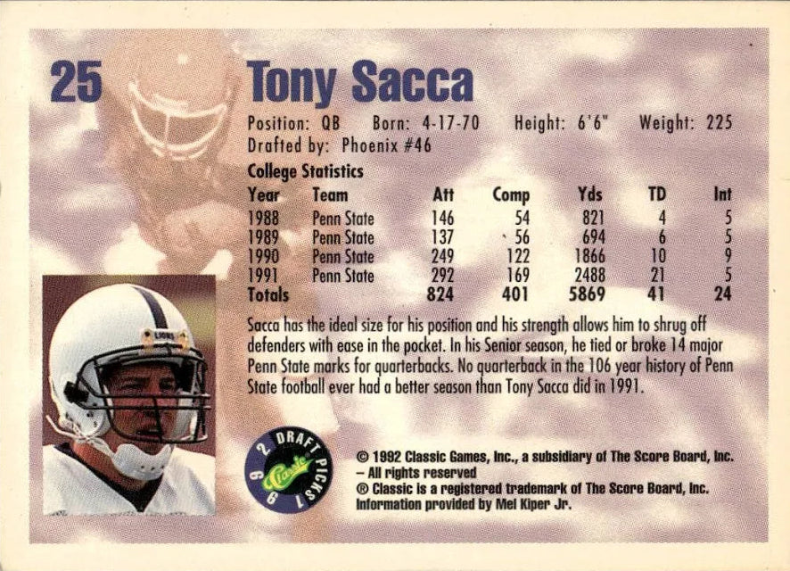 1992 Classic Draft Picks Tony Sacca Baseball Card #25