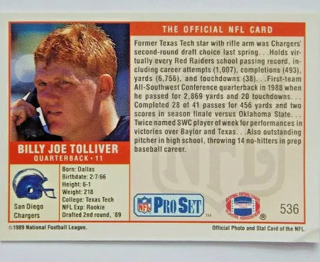 1989 NFL Pro Set Billy Joe Tolliver Baseball Card #536