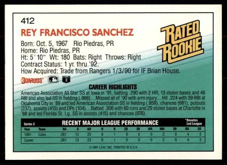 1992 Donruss Rated Rookie Rey Francisco Sanchez Baseball Card #412