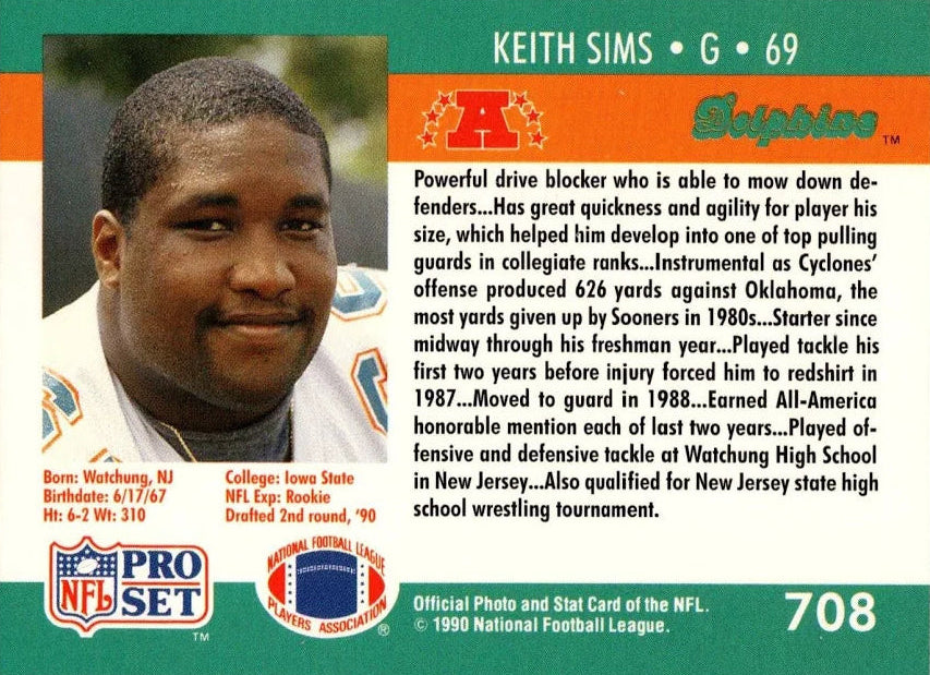 1990 NFL Pro Set Keith Sims Football Card #708