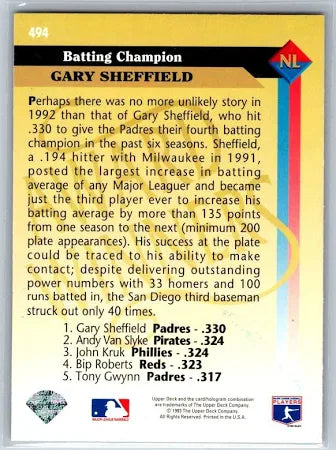 1993 Upper Deck National League Batting Champion Gary Sheffield Baseball Card #494