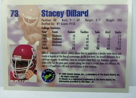 1992 Classic Draft Picks Stacey Dillard Football Card #73