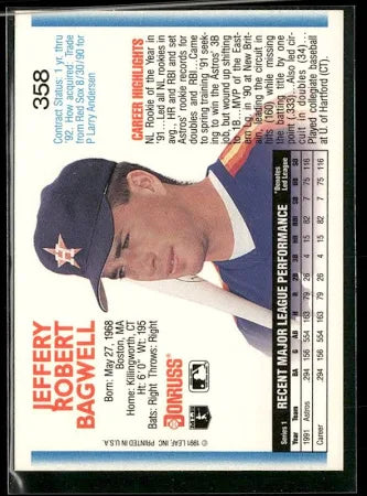 1992 Donruss Jeffrey Robert Bagwell Baseball Card #358