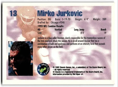 1992 Classic Draft Picks Mirko Jurkovic Football Card #13