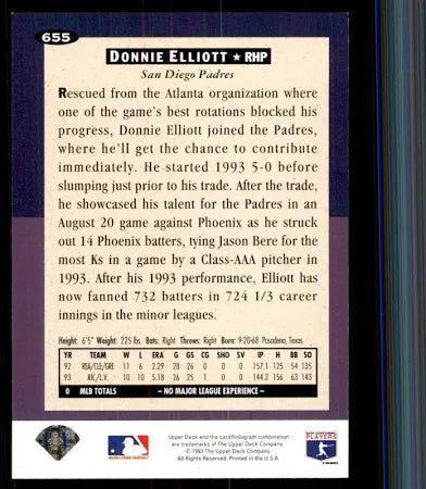 1993 Upper Deck Collectors Choice Rookie Class Donnie Elliott Baseball Card #655