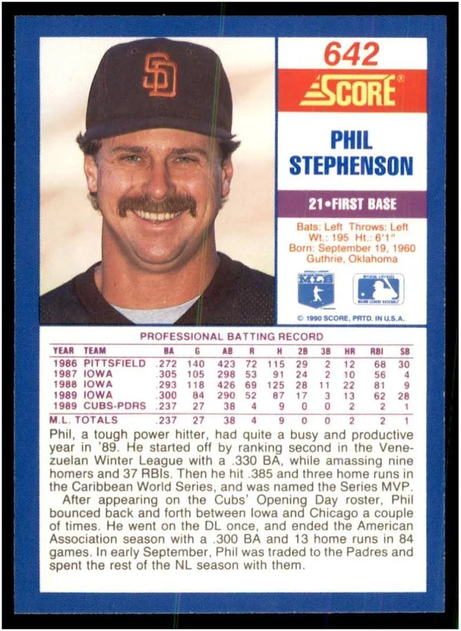1990 Score Phil Stephenson Baseball Card #642