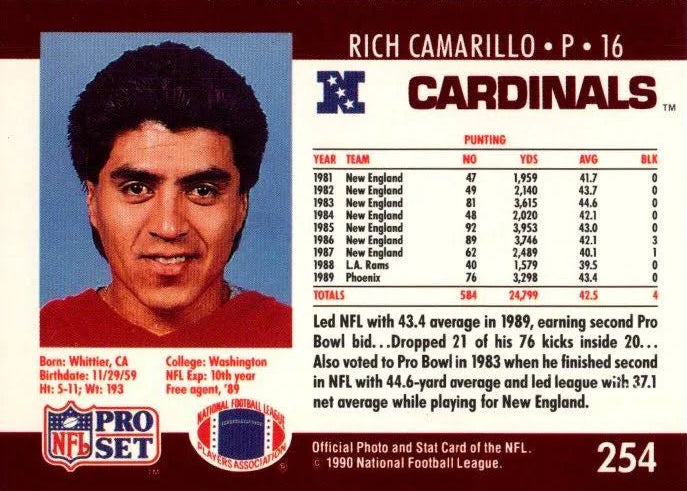 1990 NFL Pro Set Rich Camarillo Football Card #254