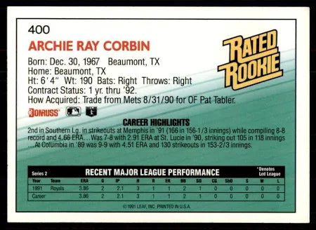 1992 Donruss Rated Rookie Archie Ray Corbin Baseball Card #400
