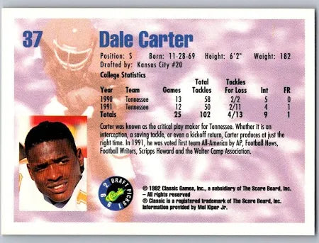 1992 Classic Draft Picks Dale Carter Football Card #37