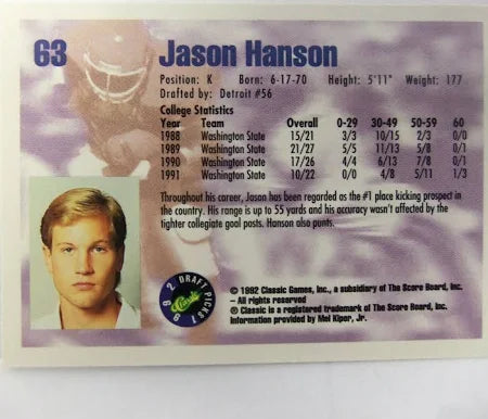 1992 Classic Draft Picks Jason Hanson Football Card #63