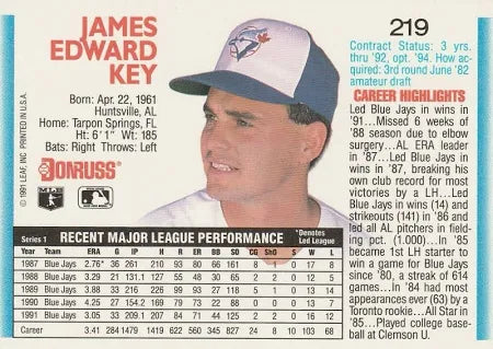 1992 Donruss James Edward Key Baseball Card #219