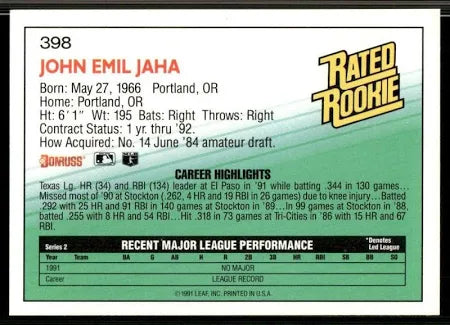 1992 Donruss Rated Rookie John Emil Jaha Baseball Card #398