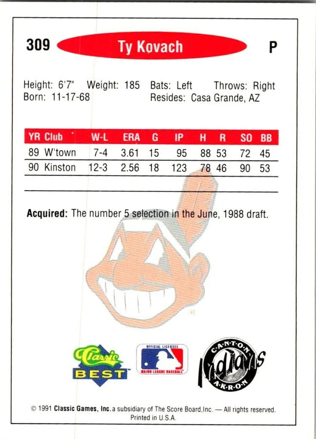 1991 Classic Ty Kovach Baseball Card #309