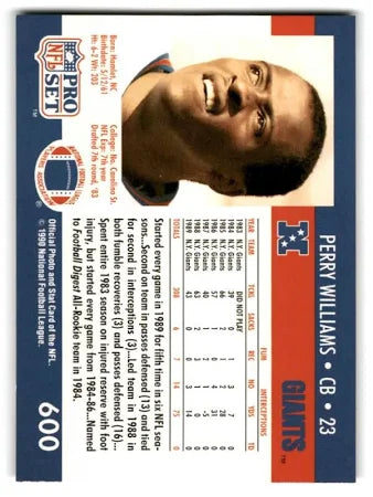 1990 NFL Pro Set Perry Williams Football Card #600