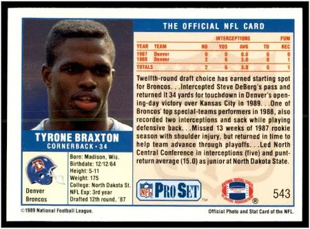 1989 NFL Pro Set Tyrone Braxton Football Card #543