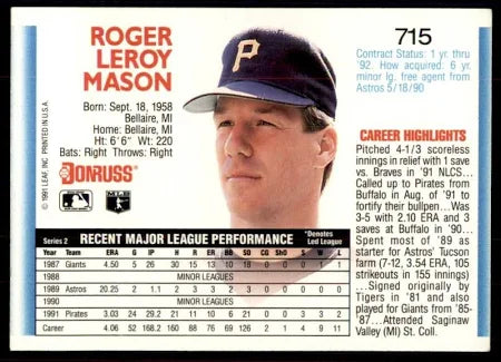 1992 Donruss Roger Leroy Mason Baseball Card #715