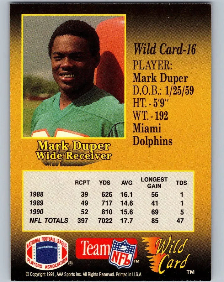 1991 AAA Sports Wild Card Mark Duper Football Card #16