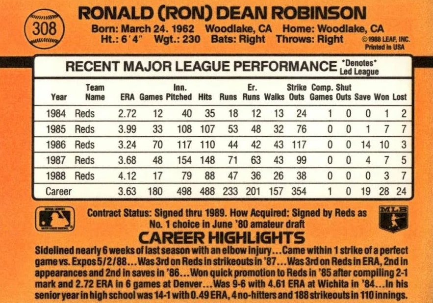 1989 Donruss Ronald (Ron) Dean Robinson Baseball Card #308
