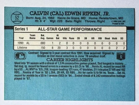 1991 Donruss Calvin (Cal) Edwin Ripken Jr. Baseball Card #52