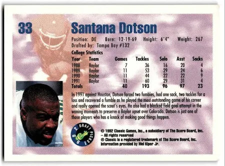 1992 Classic Draft Picks Santana Dotson Football Card #33