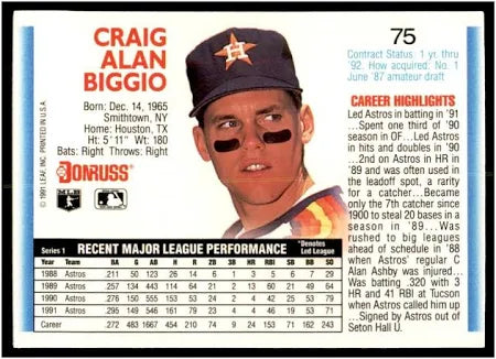 1992 Donruss Craig Alan Biggio Baseball Card #75