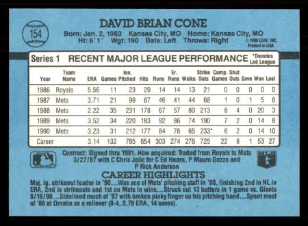 1991 Donruss David Brian Cone Baseball Card #154