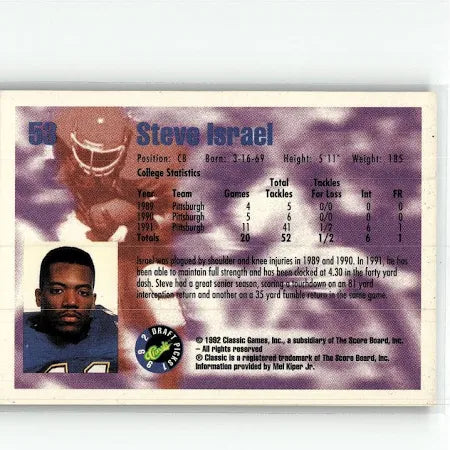 1992 Classic Draft Picks Steve Israel Football Card #53