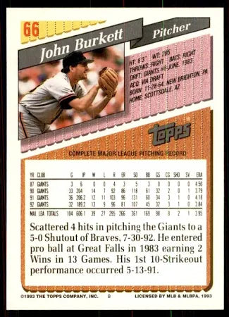 1993 Topps John Burkett Baseball Card #66