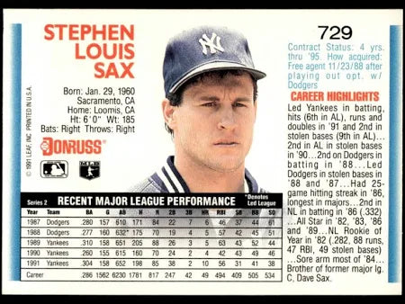 1992 Donruss Stephen Louis Sax Baseball Card #729