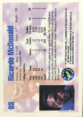 1992 Classic Draft Picks Ricardo McDonald Football Card #93