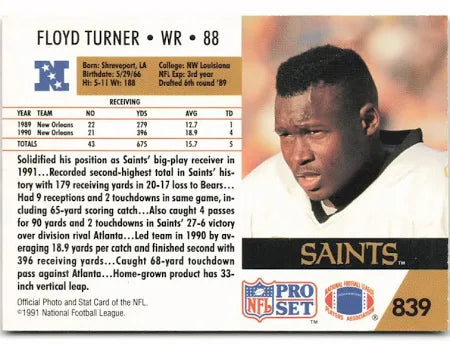 1991 NFL Pro Set Floyd Turner Football Card #839