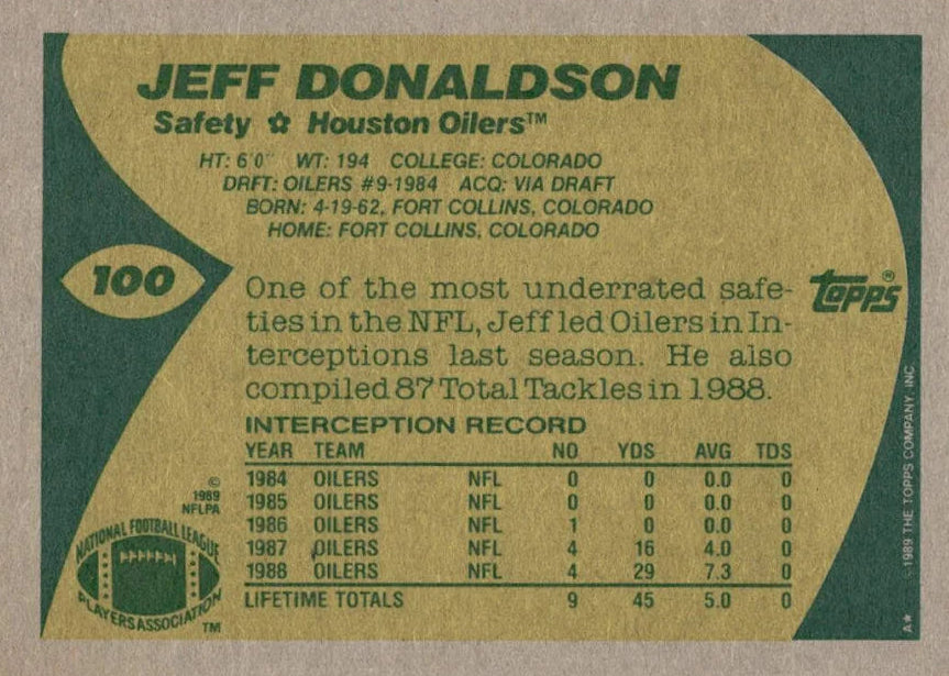 1989 Topps Jeff Donaldson Football Card #100