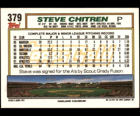 1992 Topps Steve Chitren Baseball Card #379