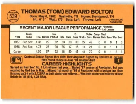 1989 Donruss Thomas (Tom) Edward Bolton Baseball Card #539