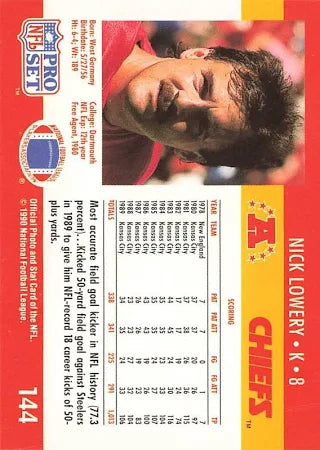 1990 NFL Pro Set Nick Lowery Football Card #144