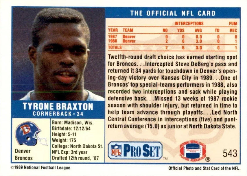 1989 NFL Pro Set Tyrone Braxton Football Card #543