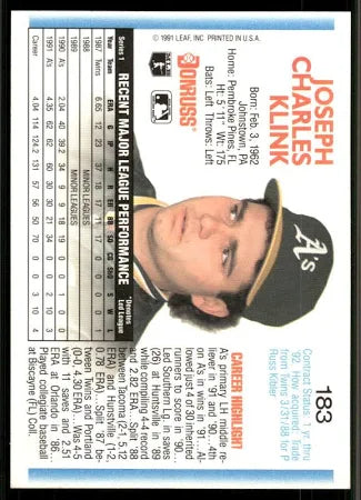 1992 Donruss Joseph Charles Klink Baseball Card #183