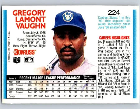 1992 Donruss Gregory Lamont Vaugn Baseball Card #224