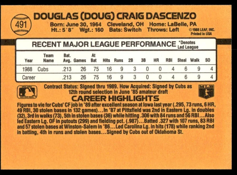 1989 Donruss Douglas (Doug) Craig Dascenzo Baseball Card #491