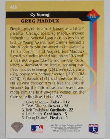 1993 Upper Deck Cy Young National League Greg Maddux Baseball Card #488