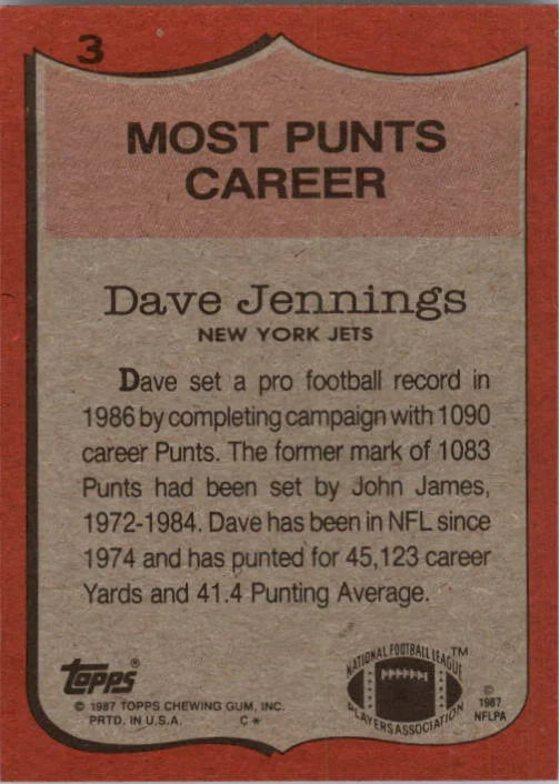 1987 Topps Most Punts Career Dave jennings Football Card #3