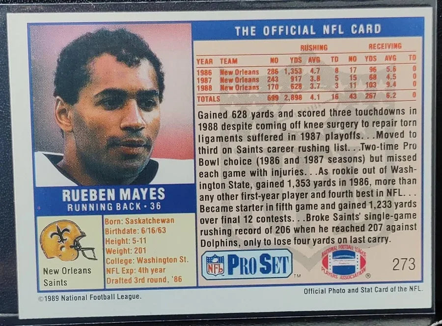 1989 NFL Pro Set Rueben Mayes Football Card #273