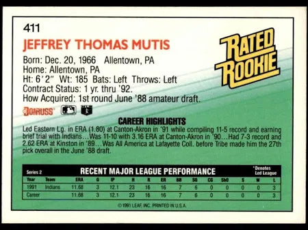 1992 Donruss Rated Rookie Jeffrey Thomas Mutis Baseball Card #411