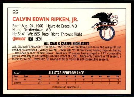 1992 Donruss American League Calvin Edwin Ripken Jr. Baseball Card #22