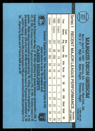 1991 Donruss Marquis Deon Grissom Baseball Card #307