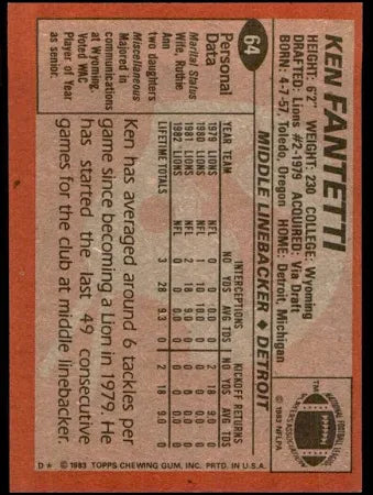 1983 Topps Ken Fantetti Football Card #64
