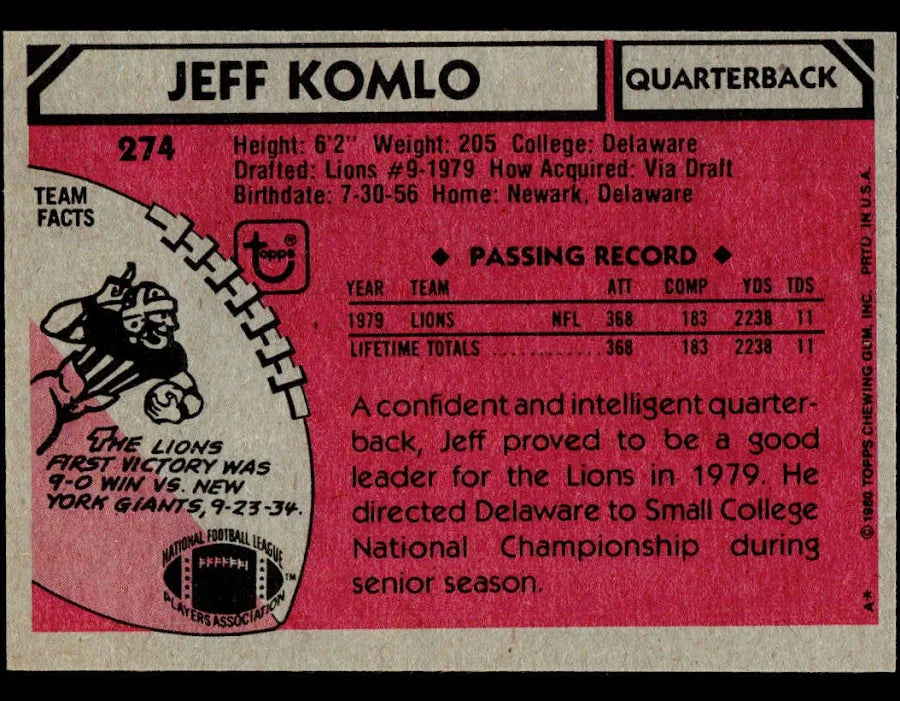 1980 Topps Jeff Komlo Football Card #274