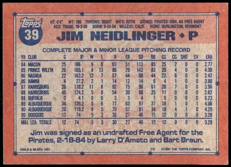 1991 Topps Jim Neidlinger Baseball Card #39